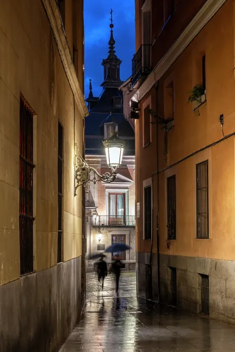 Framed Print : Picturesque alleyway in the old town by night, Madrid, Spain Framed Print : Picturesque alleyway in the old town by night, Madrid, Spain