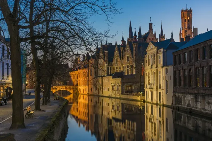 Framed Print : Picturesque blue hour view over Dijver canal with Belfort tower in the background Framed Print : Picturesque blue hour view over Dijver canal with Belfort tower in the background