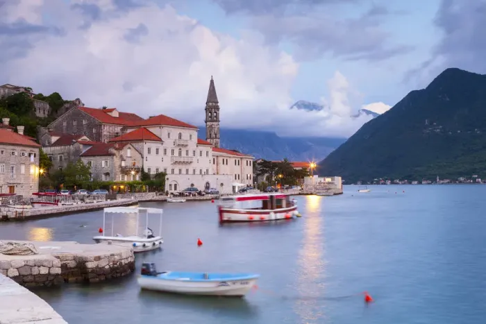 Framed Print : The picturesque coastal village of Perast illuminated at dusk, Perast, Bay of Kotorska