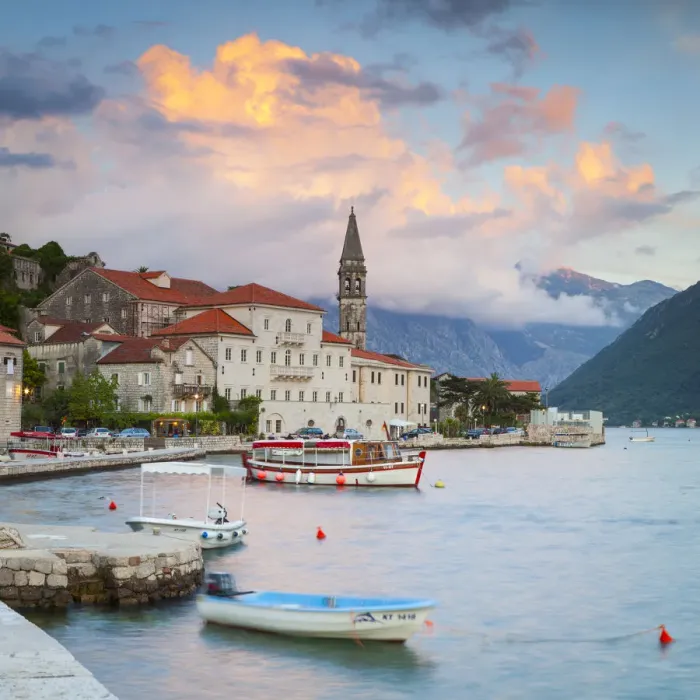 Framed Print : The picturesque coastal village of Perast illuminated at sunset, Perast, Bay of Kotorska