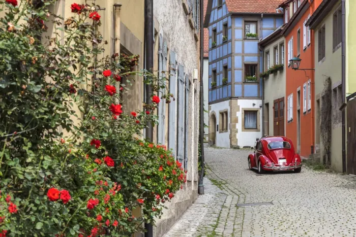 Framed Print : Picturesque cobblestone street with original Volkswagen Beetle car, Rothenburg ob Framed Print : Picturesque cobblestone street with original Volkswagen Beetle car, Rothenburg ob