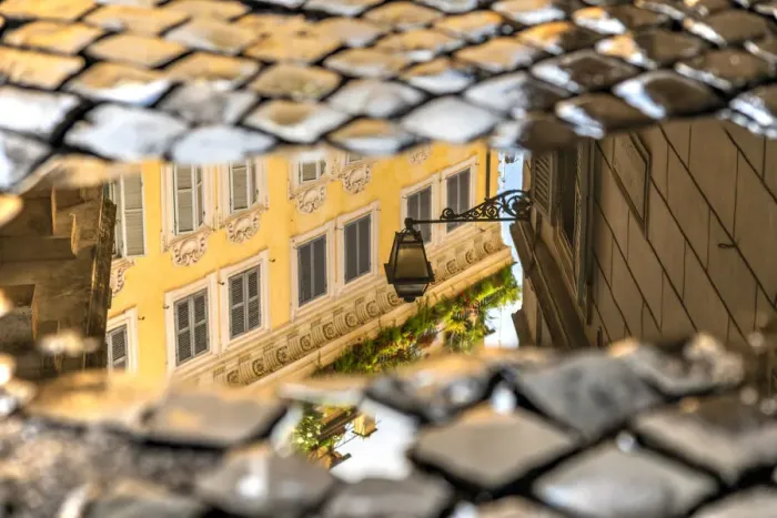 Framed Print : Picturesque corner of the old town reflected in a puddle on a cobbled street, Rome, Lazio Framed Print : Picturesque corner of the old town reflected in a puddle on a cobbled street, Rome, Lazio