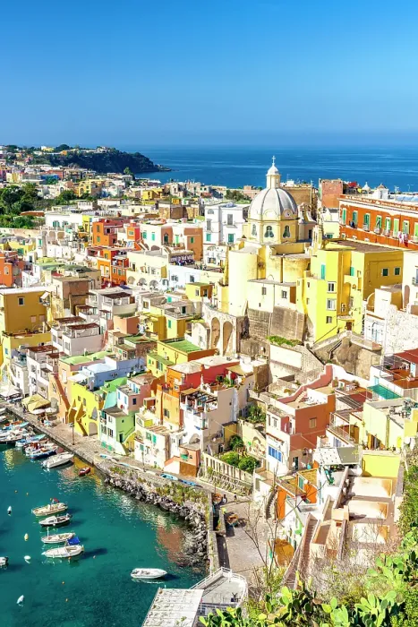 Framed Print : Picturesque fishing village of La Corricella and harbor view from hilltop, Procida island, Gulf of Naples, Campania, Italy Framed Print : Picturesque fishing village of La Corricella and harbor view from hilltop, Procida island, Gulf of Naples, Campania, Italy