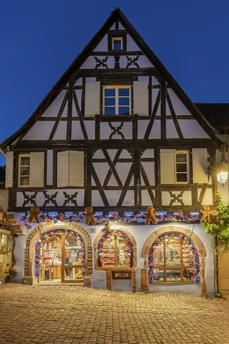 Framed Print : Picturesque half-timbered house adorned with christmas decorations, Riquewihr, Haut-Rhin, Alsace, Grand Est, France