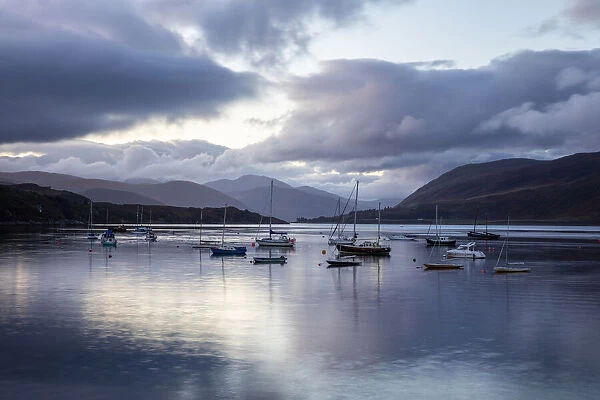 Picturesque Loch Broom and boats at Ullapool harbour, Ross and Cromarty, Highlands