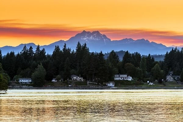 Picturesque sunset view over the Olympic Peninsula mountains, Bremerton, Kitsap Peninsula