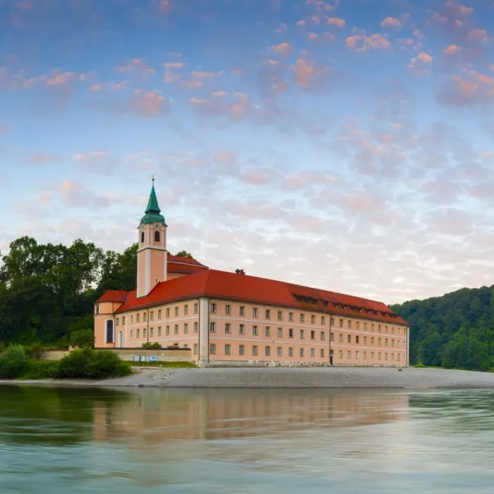 Framed Print : The picturesque Weltenburg Abbey & The River Danube illuminated at sunrise, Lower Bavaria