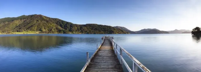 Framed Print : Picturesque wharf in the idyllic Kenepuru Sound, Marlborough Sounds, South Island Framed Print : Picturesque wharf in the idyllic Kenepuru Sound, Marlborough Sounds, South Island