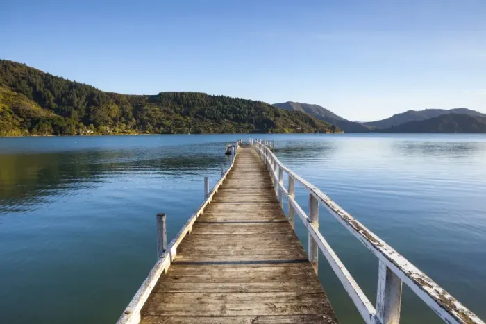 Framed Print : Picturesque wharf in the idyllic Kenepuru Sound, Marlborough Sounds, South Island Framed Print : Picturesque wharf in the idyllic Kenepuru Sound, Marlborough Sounds, South Island
