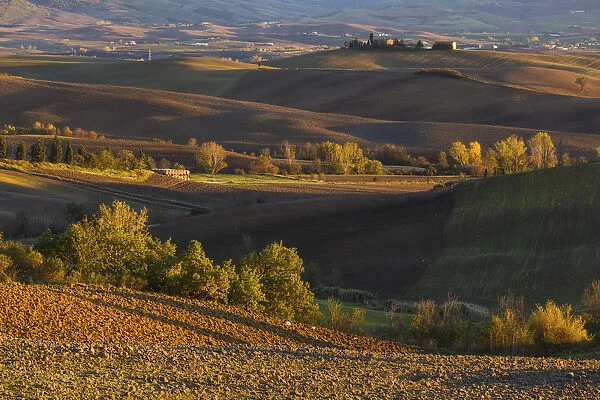 Pienza, Orcia valley, Tuscany, Italy. Rolling hills in autumn