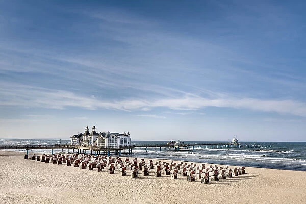 Pier, beach and beach baskets, Sellin, RAogen Island, Mecklenburg-Western Pomerania