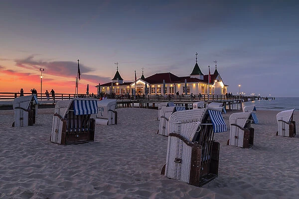 Pier and beach chairs on the beach of Ahlbeck, Usedom Island, Baltic Sea, Mecklenburg-Western Pomerania, Germany