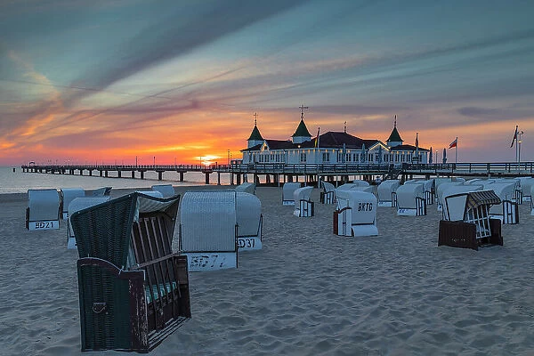 Pier and beach chairs on the beach of Ahlbeck, Usedom Island, Baltic Sea, Mecklenburg-Western Pomerania, Germany