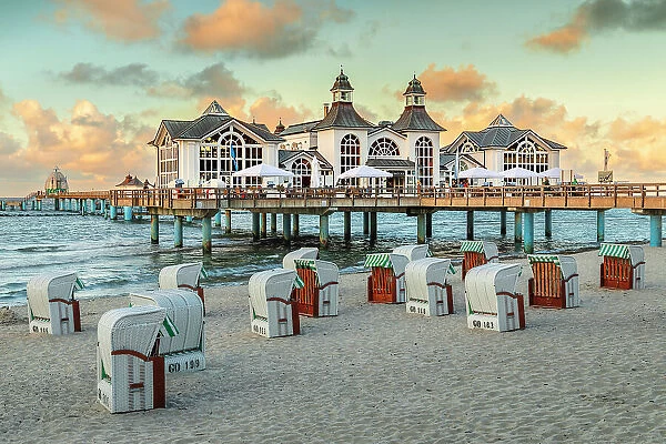 Pier and beach chairs on the beach of Sellin, Ruegen Island, Baltic Sea, Mecklenburg-Western Pomerania, Germany