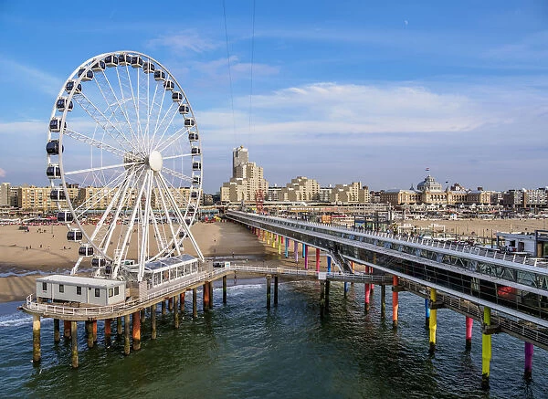 Pier and Ferris Wheel in Scheveningen, elevated view, The Hague, South Holland, The