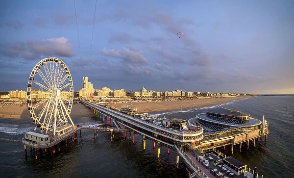 Pier and Ferris Wheel in Scheveningen at sunset, elevated view, The Hague, South Holland