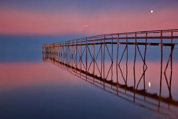 Framed Print : Pier on Lake Winnipeg at dusk with moon. Matlock, Manitoba, Canada Framed Print : Pier on Lake Winnipeg at dusk with moon. Matlock, Manitoba, Canada