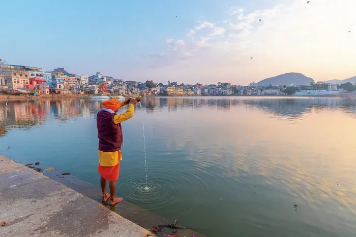 Framed Print : Pilgrim at Pushkar Lake at Sunrise, Pushkar, Rajasthan, India, South Asia Framed Print : Pilgrim at Pushkar Lake at Sunrise, Pushkar, Rajasthan, India, South Asia