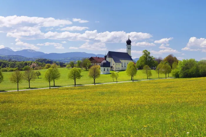Framed Print : Pilgrimage Church of St. Marinus-Anianus with Mangfall Mountains near Wilparting Framed Print : Pilgrimage Church of St. Marinus-Anianus with Mangfall Mountains near Wilparting
