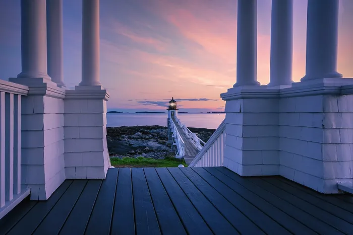 Framed Print : Pillars on veranda at Marshall Point Lighthouse, Port Clyde, Maine, USA Framed Print : Pillars on veranda at Marshall Point Lighthouse, Port Clyde, Maine, USA