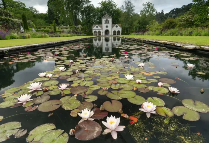 Framed Print : The Pin Mill & Lily Pond, Bodnant Gardens, near Tal-y-Cafn, Conwy, Wales