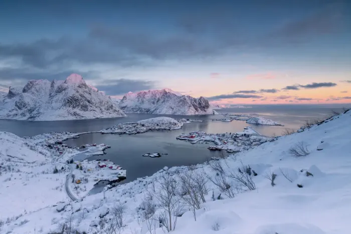 Framed Print : The pink colors of sunset and snowy peaks surround the fishing villages Reine Nordland Framed Print : The pink colors of sunset and snowy peaks surround the fishing villages Reine Nordland