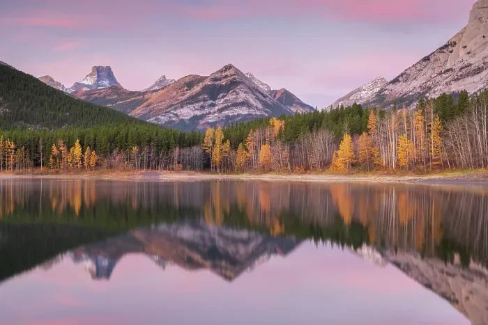 Framed Print : Pink dawn sky above Wedge Pond in Kananaskis Country, Alberta, Canada. Autumn (October) 2024 Framed Print : Pink dawn sky above Wedge Pond in Kananaskis Country, Alberta, Canada. Autumn (October) 2024