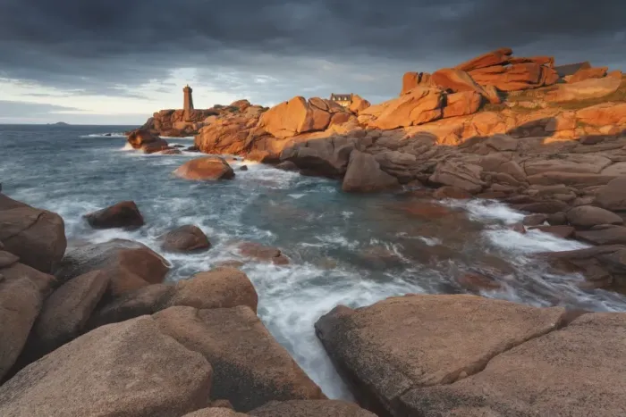 Framed Print : Pink Granite coast, Brittany, France. The Ploumanach lighthouse (Men Ruz) an sunset Framed Print : Pink Granite coast, Brittany, France. The Ploumanach lighthouse (Men Ruz) an sunset