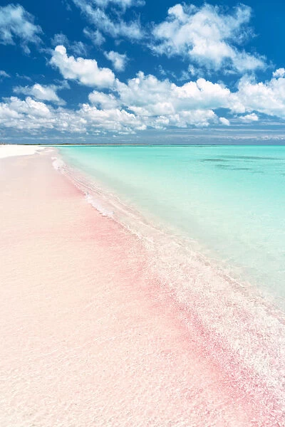 Pink sand beach washed by crystal turquoise sea, Caribbean, Central America