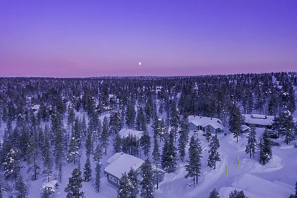 Pink sky and full moon, over Saariselka, Inari, Lapland, Finland
