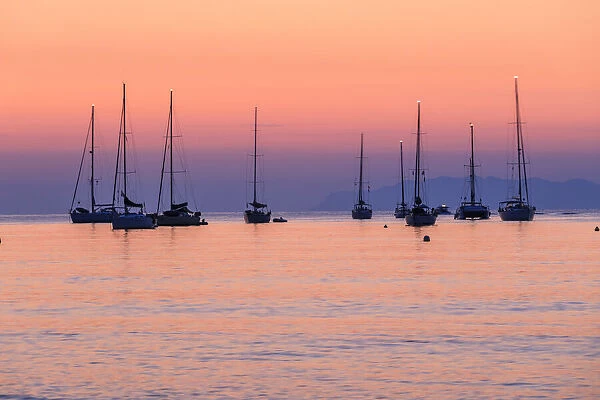 Pink sunrise over sailboats in the calm sea, Macinaggio, Cape Corse