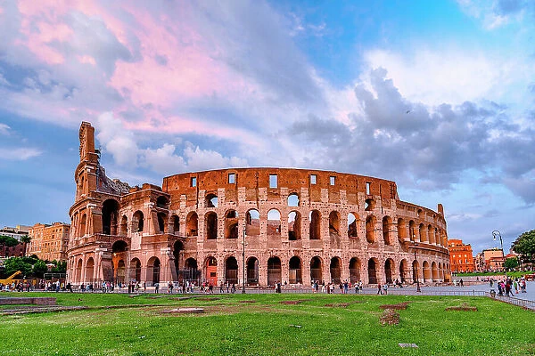Pink sunset over the Coliseum, Rome, Lazio, Italy