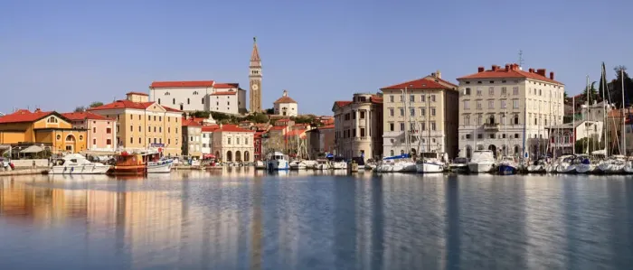 Framed Print : Piran harbour, Gulf of Piran on the Adriatic Coast, Slovenia, Europe