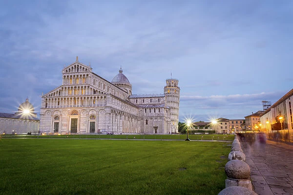 Pisa, Campo dei Miracoli, Tuscany. Cathedral and leaning tower at dusk, long exposure