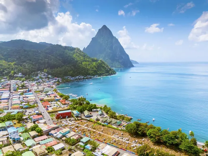 Framed Print : Piton Mountain Aerial Views Soufriere Bay and Beach Soufriere, Saint Lucia
