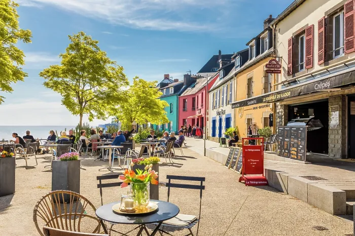 Framed Print : Place d'Ys with colorful houses, Morgat, Crozon Peninsula, Finistere, Brittany, France Framed Print : Place d'Ys with colorful houses, Morgat, Crozon Peninsula, Finistere, Brittany, France