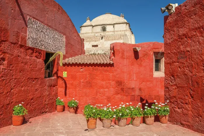 Framed Print : Plants by red walls at Monastery of Santa Catalina de Siena, UNESCO, Arequipa, Arequipa Province, Arequipa Region, Peru