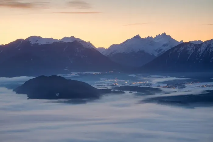 Framed Print : The Plateau of Mieming seen from MAosern at dusk, MAosern, Telfs, Innsbruck-Land, Tyrol