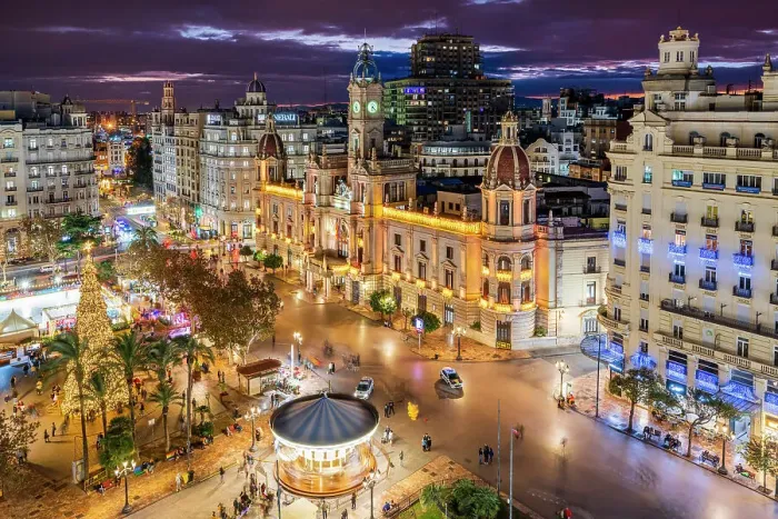 Framed Print : Plaza del Ayuntamiento decorated with Christmas lights, Valencia, Spain