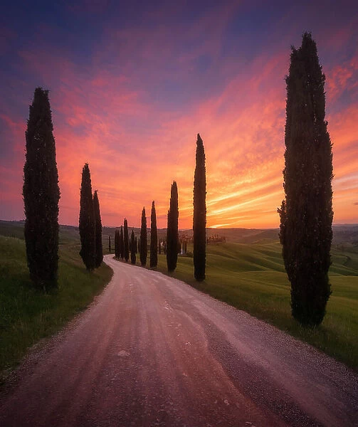 The Podere Baccoleno catching the last light of the day on a beautiful spring sunset. Crete Senesi, Tuscany, Italy