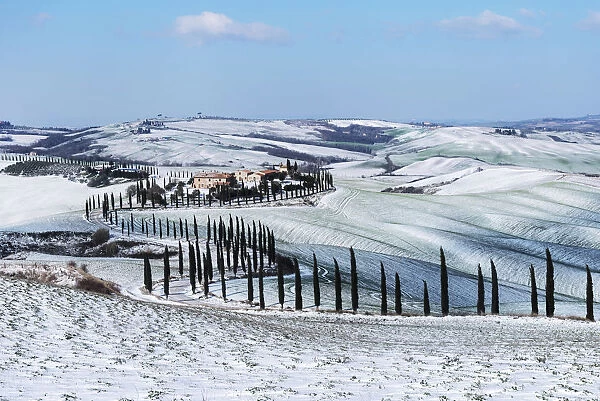 Podere Baccoleno after a snowfall in February 2018, Val d Orcia, Tuscany, Italy