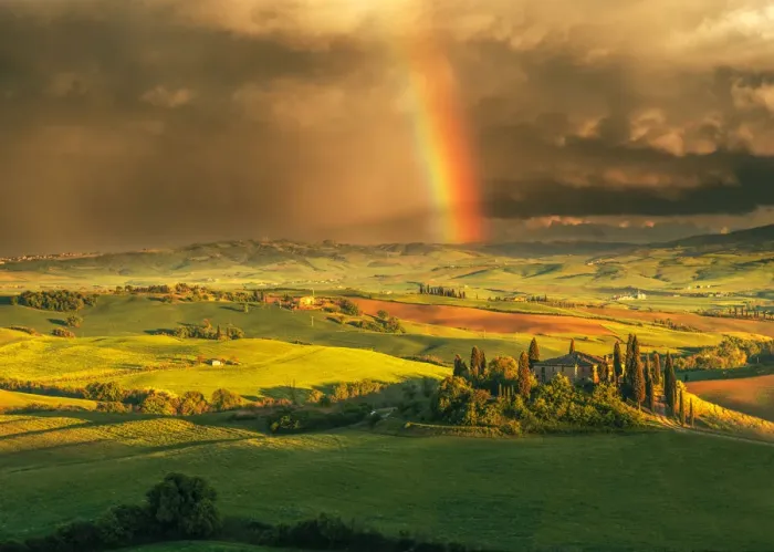 Framed Print : Podere Belvedere after a storm with rainbow, Val d Orcia, Tuscany, Italy Framed Print : Podere Belvedere after a storm with rainbow, Val d Orcia, Tuscany, Italy