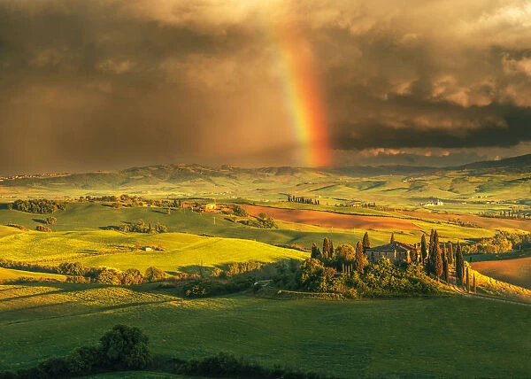 Podere Belvedere after a storm with rainbow, Val d Orcia, Tuscany, Italy