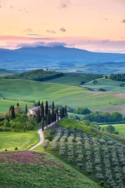 Podere Belvedere at sunrise, San Quirico d Orcia, Val d Orcia, Tuscany