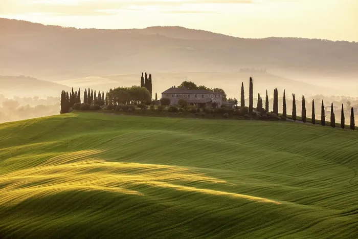 Framed Print : Poggio Covili and mist-filled Val d'Orcia, near San Quirico d'Orcia, Tuscany, Italy Framed Print : Poggio Covili and mist-filled Val d'Orcia, near San Quirico d'Orcia, Tuscany, Italy