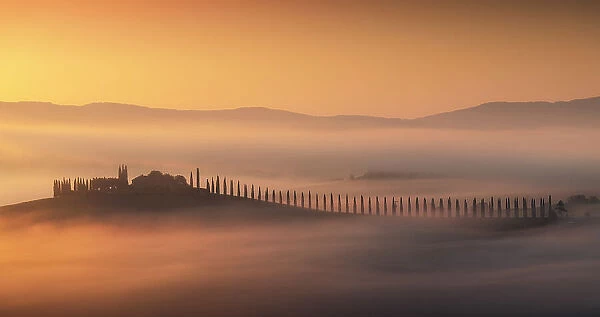 Poggio Covili rising through the thick morning. Val d'Orcia, Tuscany, Italy