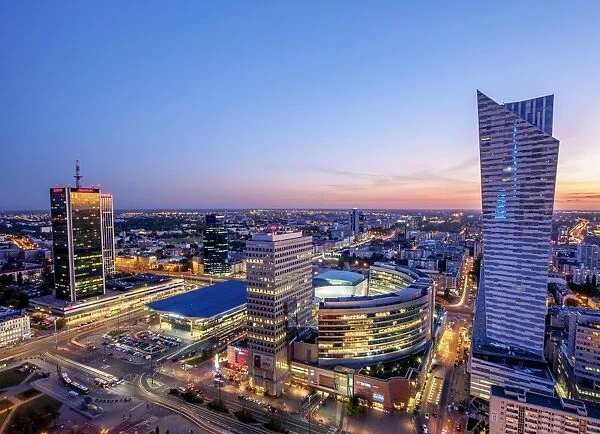 Poland, Masovian Voivodeship, Warsaw City Center Skyscrapers at twilight