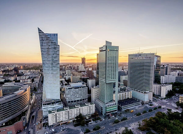 Poland, Masovian Voivodeship, Warsaw City Center Skyscrapers at sunset
