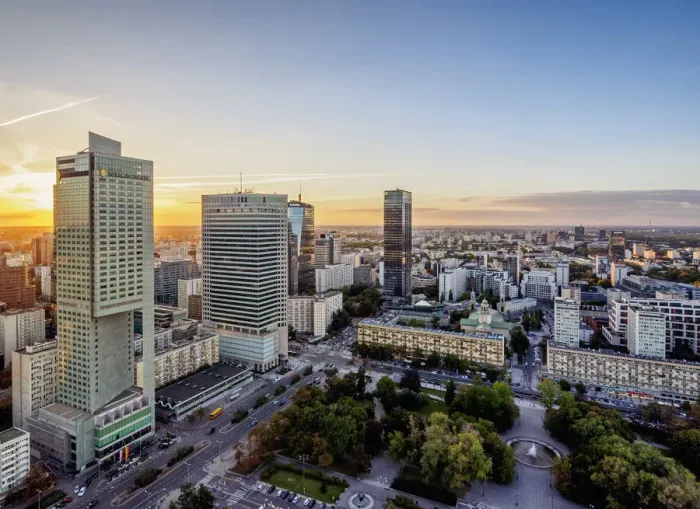 Framed Print : Poland, Masovian Voivodeship, Warsaw City Center Skyscrapers at sunset Framed Print : Poland, Masovian Voivodeship, Warsaw City Center Skyscrapers at sunset