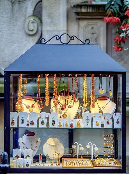 Poland, Pomeranian Voivodeship, Gdansk, Old Town, Amber Jewellery display on Mariacka